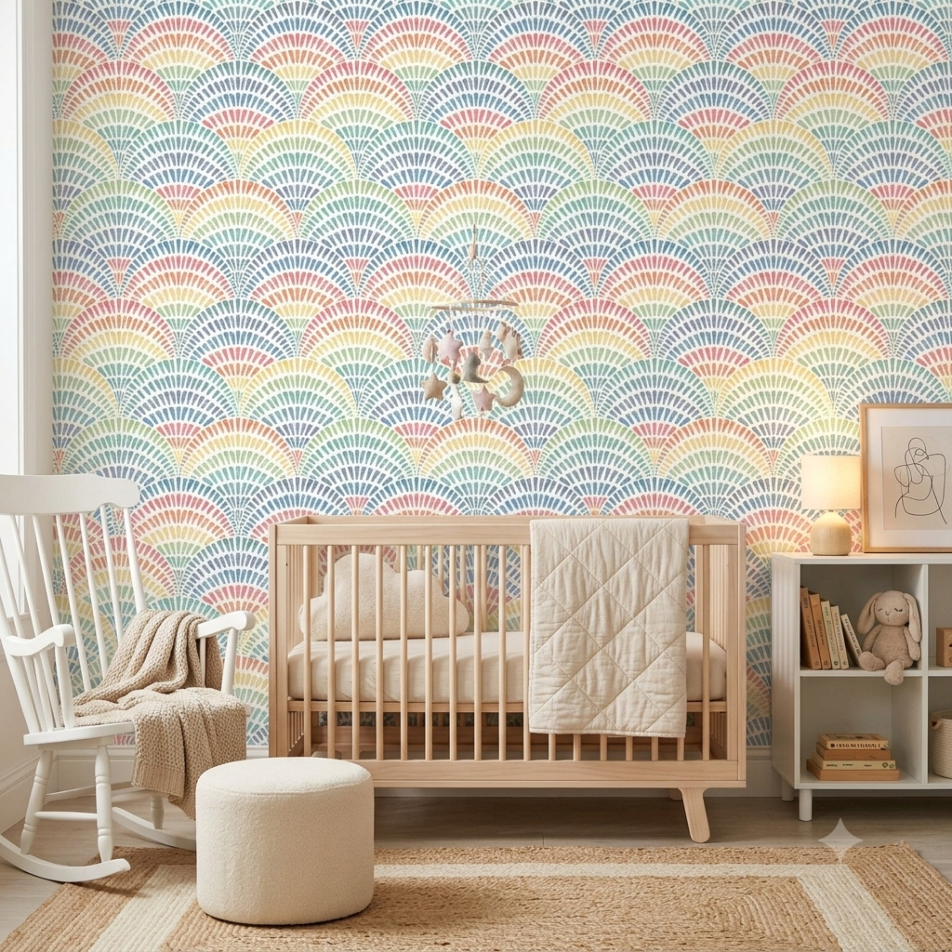 Rainbow Arches peel and stick wallpaper in the Boho colorway styled in a warm bedroom.